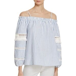 Sugar + Lips Blue and White Pinstripe Lace Fringe Wide Sleeve Top Large